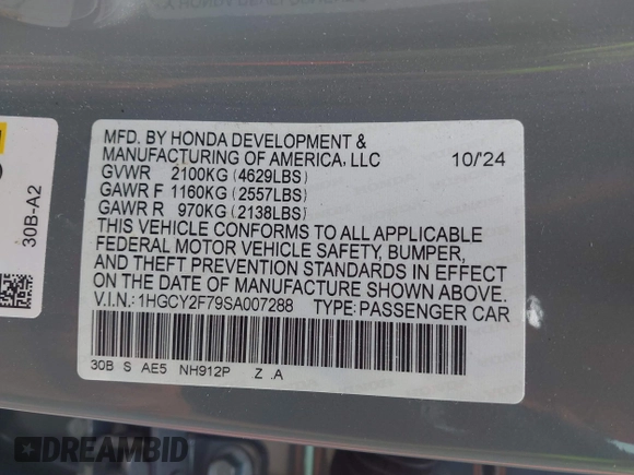 2025 Honda Accord Sport-L with VIN 1HGCY2F79SA007288, listed as a IAAI auction lot 42469770 with 11,494 mi miles and . Bid and sale history available at DreamBid. Image 9.