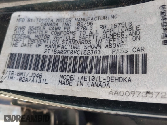 1997 Toyota Corolla with VIN 2T1BA02E0VC162383, listed as a IAAI auction lot 40715985 with 141,713 mi miles and . Bid and sale history available at DreamBid. Image 9.