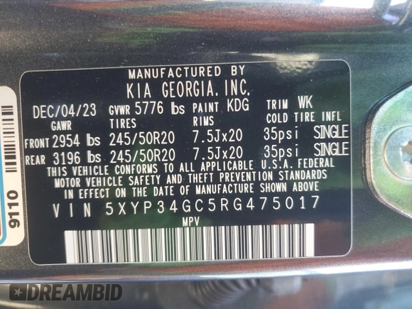 2024 Kia Telluride EX with VIN 5XYP34GC5RG475017, listed as a Copart auction lot 46748665 with 9,087 mi miles and Salvage Title. Bid and sale history available at DreamBid. Image 13.