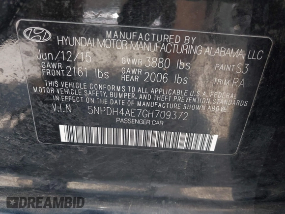 2016 Hyundai Elantra SE with VIN 5NPDH4AE7GH709372, listed as a IAAI auction lot 42515323 with 165,890 mi miles and . Bid and sale history available at DreamBid. Image 9.