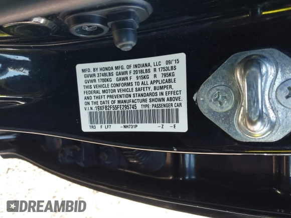 2015 Honda Civic Sedan LX with VIN 19XFB2F55FE295745, listed as a IAAI auction lot 41531838 with 92,655 mi miles. Bid and sale history available at carsss.com. Image 9.