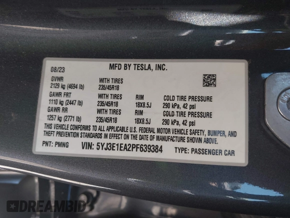 2023 Tesla Model 3 с VIN 5YJ3E1EA2PF639384, выставлен на аукционе IAAI как лот 42486851 с пробегом 33 083 миль миль и . История ставок и продаж доступна на DreamBid. Изображение 9.