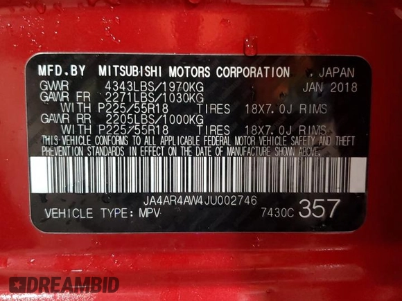 2018 Mitsubishi Outlander SEL z VIN JA4AR4AW4JU002746, wystawiony jako Copart lot #85011904 z przebiegiem 110 738 mil mil oraz Szkoda całkowita • Salvage title. Historia ofert i sprzedaży dostępna na DreamBid. Obrazek 14.