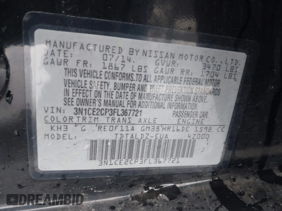2015 Nissan Note SV с VIN 3N1CE2CP3FL367721, выставлен на аукционе IAAI как лот 42273901 с пробегом 71 265 миль миль и . История ставок и продаж доступна на DreamBid. Изображение 9.