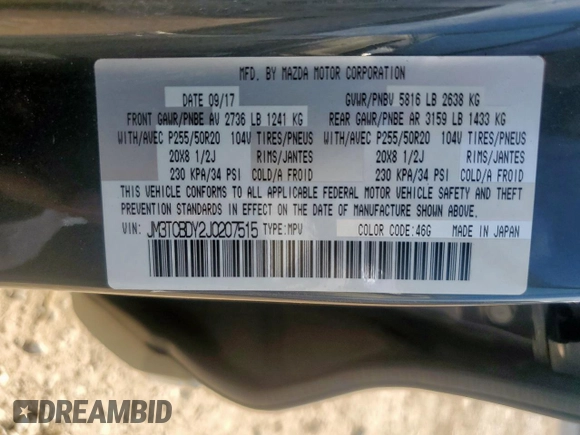 2018 Mazda CX-9 Grand Touring with VIN JM3TCBDY2J0207515, listed as a Copart auction lot 61597725 with 83,735 mi miles and Clean title. Bid and sale history available at DreamBid. Image 13.