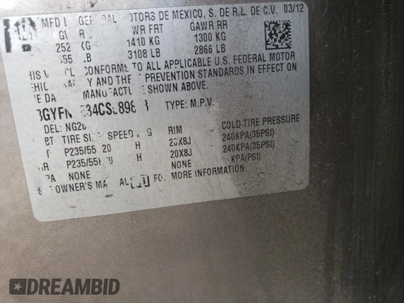 2012 Cadillac SRX Performance Collection with VIN 3GYFNEE34CS589833, listed as a Copart auction lot 56138324 with Not provided miles and Salvage title. Bid and sale history available at DreamBid. Image 12.