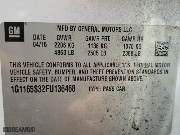 2015 Chevrolet Impala LTZ with VIN 1G1165S32FU136468, listed as a Copart auction lot 85022654 with 137,987 mi miles and Salvage Title. Bid and sale history available at carsss.com. Image 13.