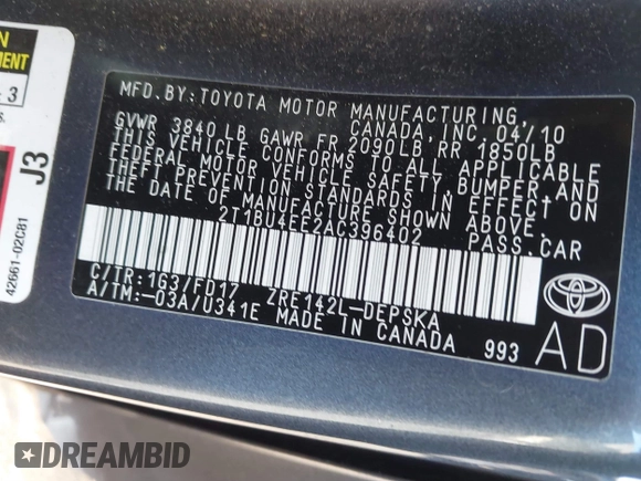 2010 Toyota Corolla with VIN 2T1BU4EE2AC396402, listed as a IAAI auction lot 41767330 with 94,208 mi miles and . Bid and sale history available at DreamBid. Image 9.
