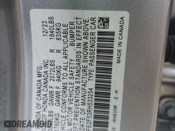 2024 Honda Civic Sport z VIN 2HGFE2F53RH533254, wystawiony jako Copart lot #52008585 z przebiegiem 17 674 mil mil oraz Szkoda całkowita • Salvage title. Historia ofert i sprzedaży dostępna na DreamBid. Obrazek 13.