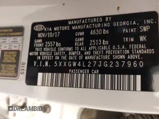 2018 Kia Optima SX with VIN 5XXGW4L27JG237960, listed as a IAAI auction lot 41956461 with 87,085 mi miles and . Bid and sale history available at DreamBid. Image 9.