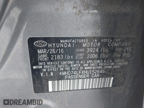 2017 Hyundai Elantra SE with VIN KMHD74LFXHU152646, listed as a IAAI auction lot 42344385 with 91,522 mi miles and . Bid and sale history available at DreamBid. Image 9.