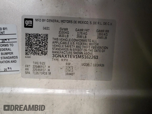 2021 Chevrolet Equinox LT with VIN 3GNAXTEV1MS162263, listed as a Copart auction lot 53458265 with 194,608 mi miles and Clean Title. Bid and sale history available at DreamBid. Image 13.