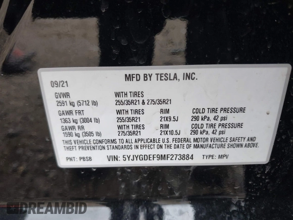2021 Tesla Model Y Performance with VIN 5YJYGDEF9MF273884, listed as a IAAI auction lot 41781944 with Not Provided miles and . Bid and sale history available at DreamBid. Image 9.