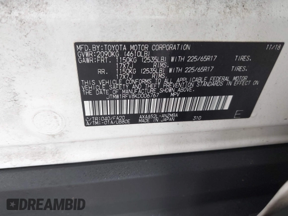 2019 Toyota RAV4 XLE with VIN JTMW1RFV8KD006767, listed as a IAAI auction lot 41126402 with 69,913 mi miles. Bid and sale history available at carsss.com. Image 9.