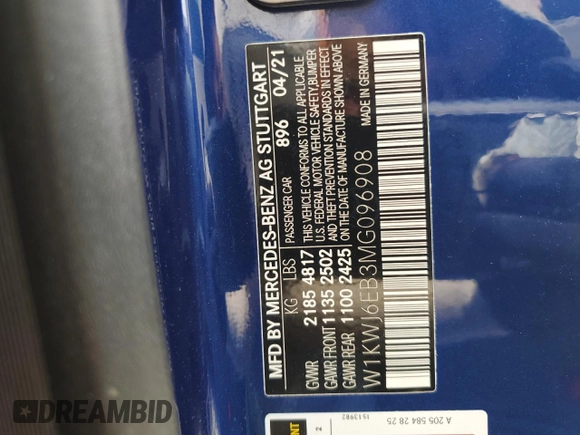 2021 Mercedes-Benz C 43 AMG with VIN W1KWJ6EB3MG096908, listed as a Copart auction lot 67187194 with 25,240 mi miles and Salvage title. Bid and sale history available at DreamBid. Image 12.