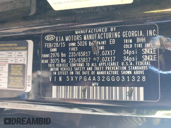 2016 Kia Sorento LX with VIN 5XYPG4A32GG031328, listed as a IAAI auction lot 41890459 with 158,475 mi miles. Bid and sale history available at carsss.com. Image 9.