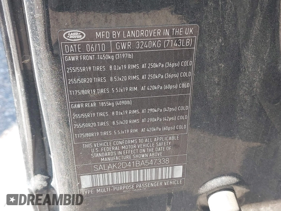 2011 Land Rover LR4 Lux с VIN SALAK2D41BA547338, выставлен на аукционе IAAI как лот 42450323 с пробегом 129 416 миль миль и . История ставок и продаж доступна на DreamBid. Изображение 9.