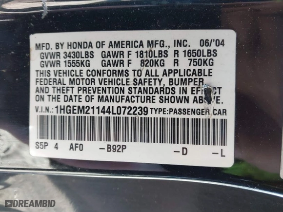 2004 Honda Civic VP with VIN 1HGEM21144L072239, listed as a IAAI auction lot 41333352 with 150,671 mi miles. Bid and sale history available at carsss.com. Image 9.