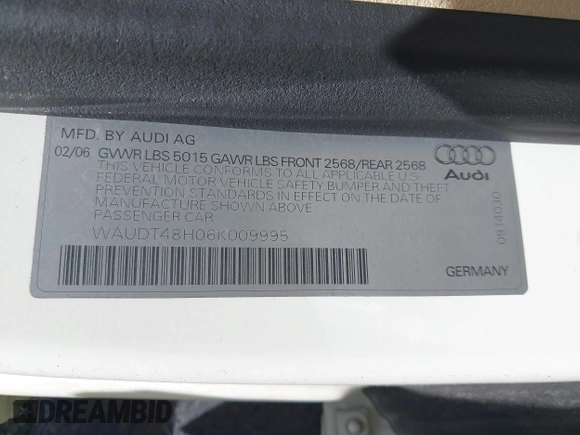 2006 Audi A4 3.0L с VIN WAUDT48H06K009995, выставлен на аукционе IAAI как лот 42280670 с пробегом 97 912 миль миль и . История ставок и продаж доступна на DreamBid. Изображение 9.
