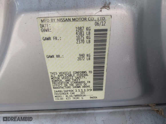 2013 Nissan Altima 3.5 SL with VIN 1N4BL3AP4DC111139, listed as a IAAI auction lot 41662164 with 120,111 mi miles. Bid and sale history available at carsss.com. Image 9.