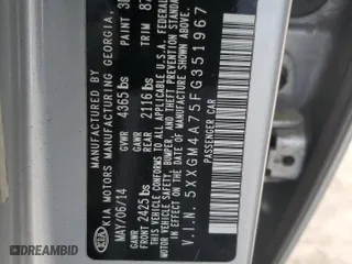 2015 Kia Optima LX with VIN 5XXGM4A75FG351967, listed as a Copart auction lot 49846325 with 147,562 mi miles and Salvage Title. Bid and sale history available at carsss.com. Image 12.