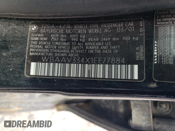 2001 BMW 3 Series 325i with VIN WBAAV334X1EE77884, listed as a Copart auction lot 52754205 with 0 mi miles and Clean Title. Bid and sale history available at carsss.com. Image 12.