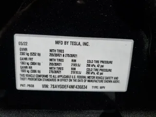 2022 Tesla Model Y Performance with VIN 7SAYGDEF4NF436834, listed as a Copart auction lot 68992234 with 22,171 mi miles and Salvage title. Bid and sale history available at DreamBid. Image 15.
