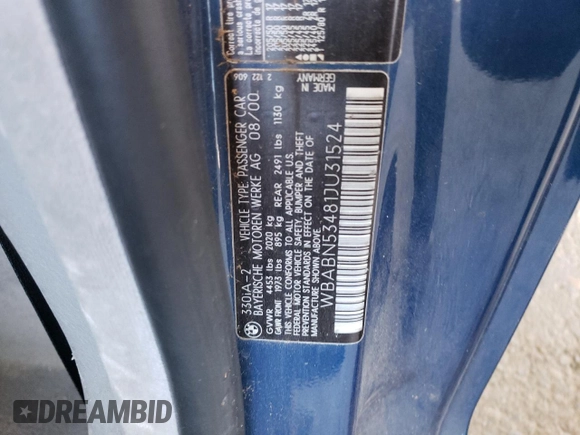 2001 BMW 3 Series 330Ci z VIN WBABN53481JU31524, wystawiony jako Copart lot #57361355 z przebiegiem 207 884 mil mil oraz Szkoda całkowita • Salvage title. Historia ofert i sprzedaży dostępna na DreamBid. Obrazek 12.