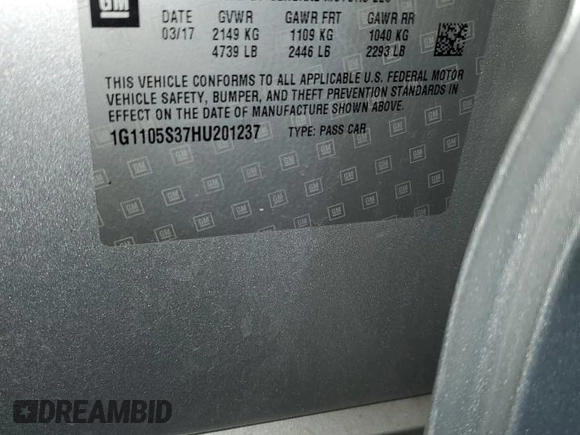 2017 Chevrolet Impala with VIN 1G1105S37HU201237, listed as a Copart auction lot 51356925 with 151,983 mi miles and Salvage Title. Bid and sale history available at DreamBid. Image 12.