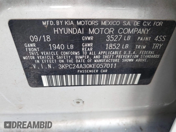 2019 Hyundai Accent SE with VIN 3KPC24A30KE057011, listed as a IAAI auction lot 41962068 with 92,848 mi miles and . Bid and sale history available at carsss.com. Image 9.