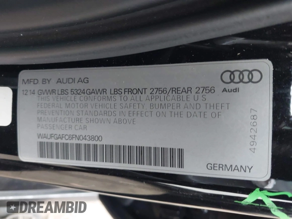 2015 Audi A6 Premium Plus with VIN WAUFGAFC6FN043800, listed as a IAAI auction lot 41702164 with 122,267 mi miles and . Bid and sale history available at DreamBid. Image 9.