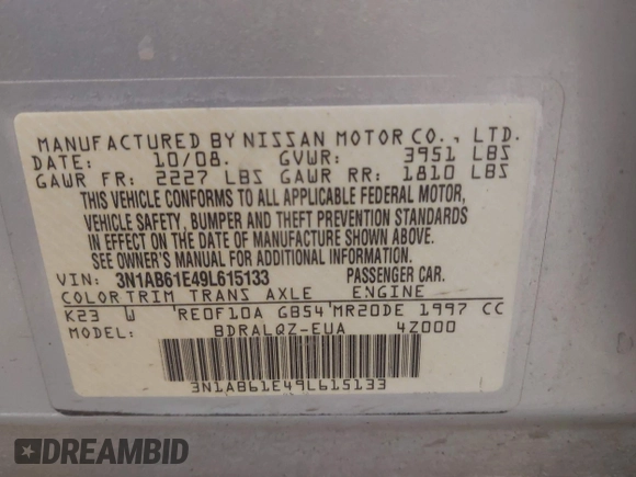2009 Nissan Sentra FE+ with VIN 3N1AB61E49L615133, listed as a IAAI auction lot 41837022 with 159,696 mi miles and . Bid and sale history available at DreamBid. Image 9.