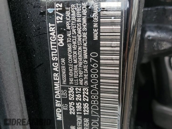 2013 Mercedes-Benz CLS 550 with VIN WDDLJ7DB8DA080670, listed as a Copart auction lot 86738044 with 100,652 mi miles and Salvage title. Bid and sale history available at DreamBid. Image 12.