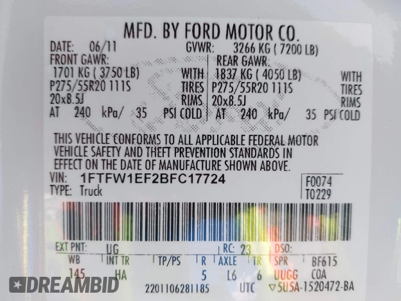2011 Ford F-150 XL with VIN 1FTFW1EF2BFC17724, listed as a IAAI auction lot 41761099 with 199,709 mi miles. Bid and sale history available at carsss.com. Image 9.