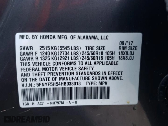 2017 Honda Pilot EX-L with VIN 5FNYF5H54HB038018, listed as a Copart auction lot 44625945 with 49,436 mi miles and Salvage Title. Bid and sale history available at carsss.com. Image 14.