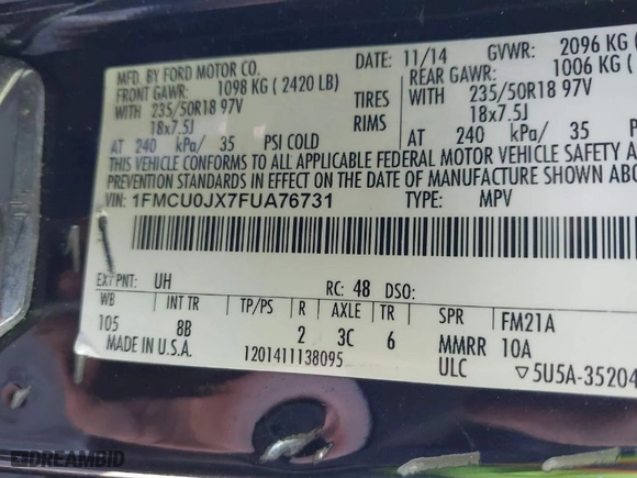 2015 Ford Escape Titanium with VIN 1FMCU0JX7FUA76731, listed as a IAAI auction lot 41684588 with 87,824 mi miles. Bid and sale history available at carsss.com. Image 9.