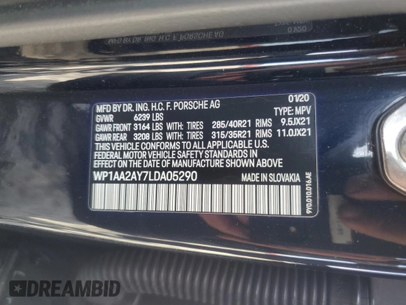 2020 Porsche Cayenne with VIN WP1AA2AY7LDA05290, listed as a Copart auction lot 50330835 with 70,155 mi miles and Salvage title. Bid and sale history available at DreamBid. Image 14.