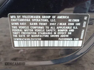 2020 Volkswagen Passat 2.0T SE with VIN 1VWWA7A30LC013193, listed as a IAAI auction lot 42127722 with 55,963 mi miles. Bid and sale history available at carsss.com. Image 9.
