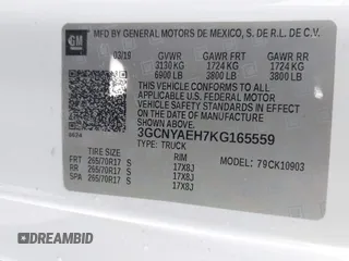 2019 Chevrolet Silverado 1500 with VIN 3GCNYAEH7KG165559, listed as a IAAI auction lot 41695825 with 86,661 mi miles and . Bid and sale history available at DreamBid. Image 9.