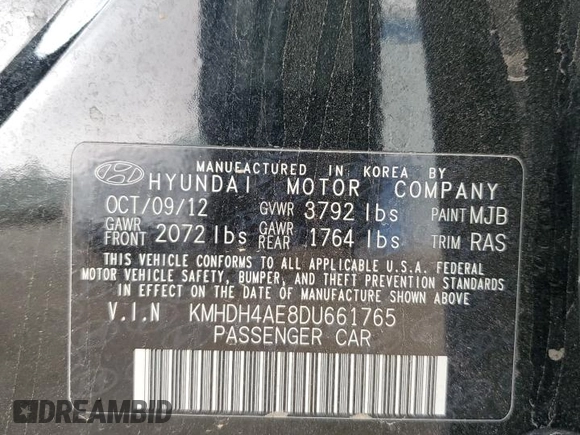 2013 Hyundai Elantra GLS с VIN KMHDH4AE8DU661765, выставлен на аукционе Copart как лот 57524075 с пробегом 195 369 миль миль и Списание • Salvage title. История ставок и продаж доступна на DreamBid. Изображение 12.