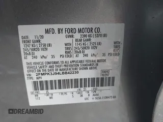 2020 Ford Edge SEL with VIN 2FMPK3J94LBB42230, listed as a IAAI auction lot 42301179 with Not provided miles and . Bid and sale history available at DreamBid. Image 9.
