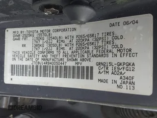 2004 Toyota 4Runner SR5 with VIN JTEBU14R840050447, listed as a IAAI auction lot 42201440 with Not Provided miles and . Bid and sale history available at DreamBid. Image 9.