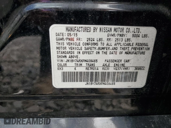 2015 Infiniti Q50 Premium z VIN JN1BV7ARXFM409465, wystawiony jako Copart lot #57295785 z przebiegiem 144 328 mil mil oraz Szkoda całkowita • Salvage title. Historia ofert i sprzedaży dostępna na DreamBid. Obrazek 12.