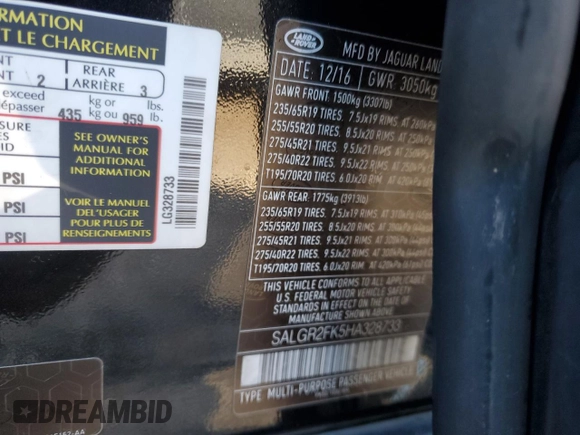 2017 Land Rover Range Rover with VIN SALGR2FK5HA328733, listed as a Copart auction lot 86914614 with 80,087 mi miles and Salvage title. Bid and sale history available at DreamBid. Image 13.
