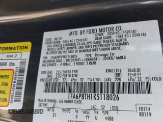 2019 Ford Mustang EcoBoost z VIN 1FA6P8TH1K5118026, wystawiony jako IAAI lot #42204167 z przebiegiem 66 425 mil mil oraz . Historia ofert i sprzedaży dostępna na DreamBid. Obrazek 9.