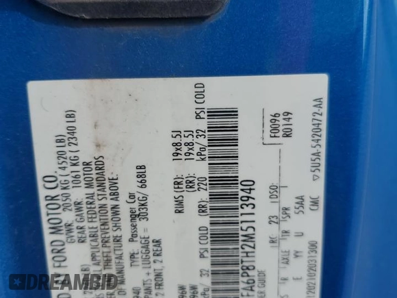 2021 Ford Mustang EcoBoost with VIN 1FA6P8TH2M5113940, listed as a Copart auction lot 56127505 with Not provided miles and Salvage title. Bid and sale history available at DreamBid. Image 12.