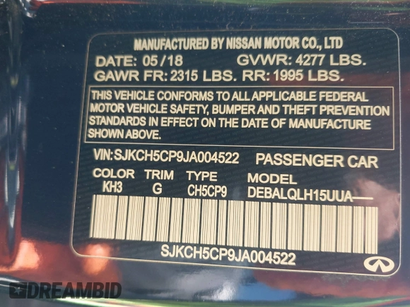 2018 Infiniti QX30 Premium with VIN SJKCH5CP9JA004522, listed as a IAAI auction lot 42277008 with 81,618 mi miles and . Bid and sale history available at DreamBid. Image 9.