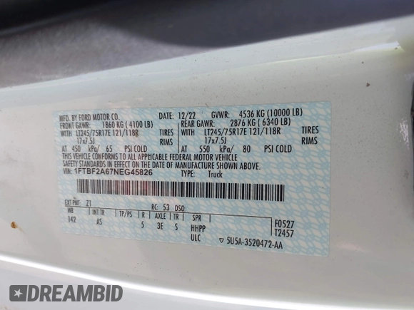 2022 Ford F-250 XL z VIN 1FTBF2A67NEG45826, wystawiony jako IAAI lot #42006684 z przebiegiem 53 561 mil mil oraz . Historia ofert i sprzedaży dostępna na DreamBid. Obrazek 9.