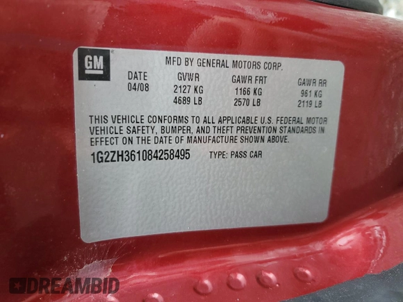 2008 Pontiac G6 GT with VIN 1G2ZH361084258495, listed as a Copart auction lot 42101755 with 68,086 mi miles and Salvage title. Bid and sale history available at DreamBid. Image 13.
