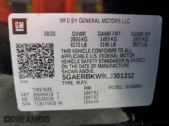 2020 Buick Enclave Essence with VIN 5GAERBKW9LJ301312, listed as a Copart auction lot 50414055 with 52,632 mi miles and Non Repairable. Bid and sale history available at carsss.com. Image 15.